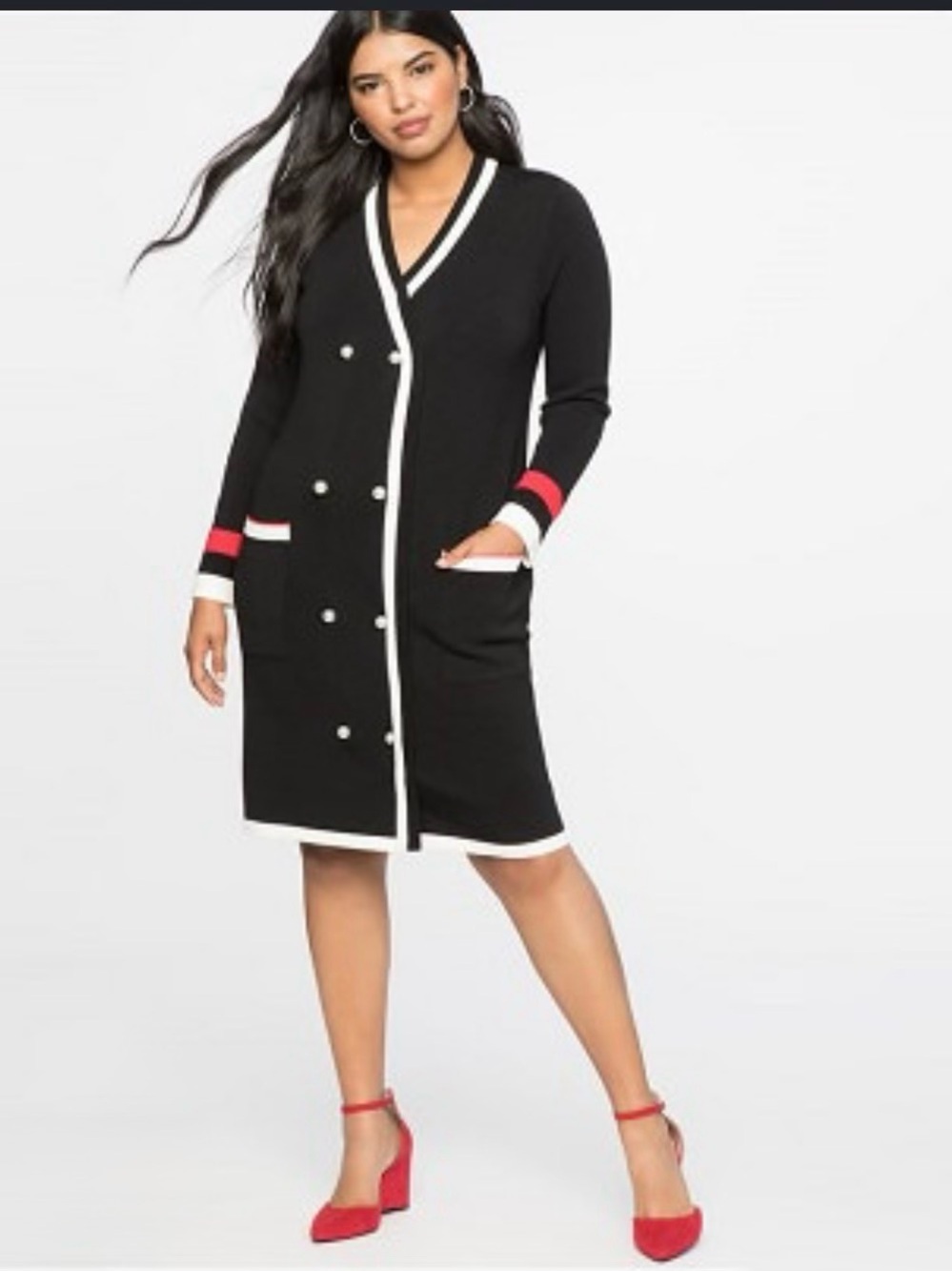 Eloquii Cardigan Sweater Midi Dress Black White Red Stretchy Classic Sz 18/20